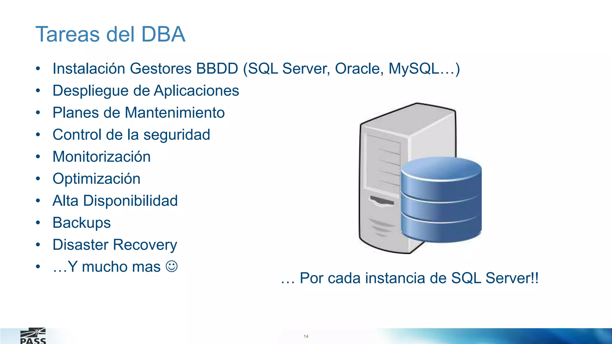14
Tareas del DBA
• Instalación Gestores BBDD (SQL Server, Oracle, MySQL…)
• Despliegue de Aplicaciones
• Planes de Mantenimiento
• Control de la seguridad
• Monitorización
• Optimización
• Alta Disponibilidad
• Backups
• Disaster Recovery
• …Y mucho mas 
14
… Por cada instancia de SQL Server!!
 