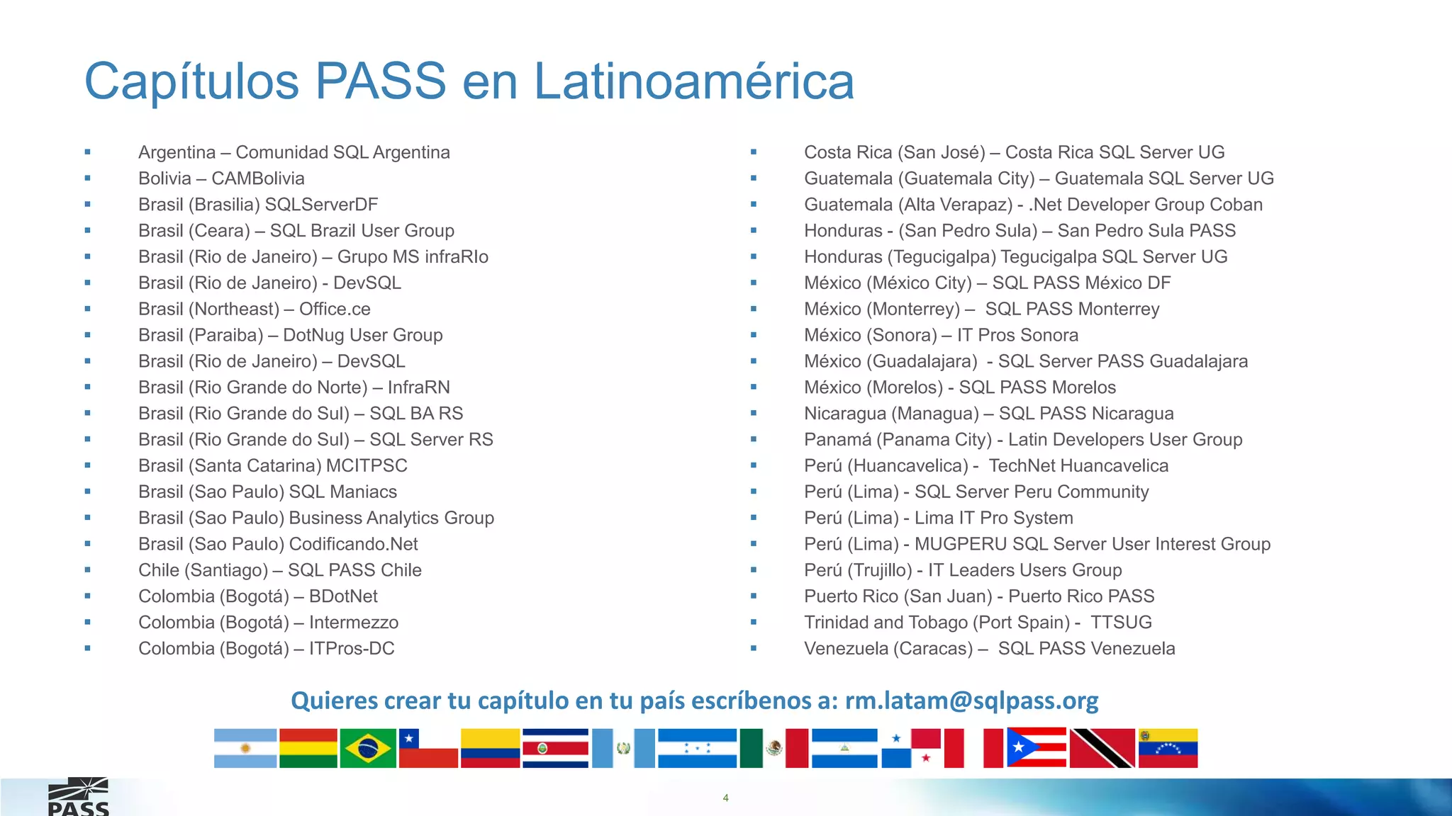 4
Capítulos PASS en Latinoamérica
 Argentina – Comunidad SQL Argentina
 Bolivia – CAMBolivia
 Brasil (Brasilia) SQLServerDF
 Brasil (Ceara) – SQL Brazil User Group
 Brasil (Rio de Janeiro) – Grupo MS infraRIo
 Brasil (Rio de Janeiro) - DevSQL
 Brasil (Northeast) – Office.ce
 Brasil (Paraiba) – DotNug User Group
 Brasil (Rio de Janeiro) – DevSQL
 Brasil (Rio Grande do Norte) – InfraRN
 Brasil (Rio Grande do Sul) – SQL BA RS
 Brasil (Rio Grande do Sul) – SQL Server RS
 Brasil (Santa Catarina) MCITPSC
 Brasil (Sao Paulo) SQL Maniacs
 Brasil (Sao Paulo) Business Analytics Group
 Brasil (Sao Paulo) Codificando.Net
 Chile (Santiago) – SQL PASS Chile
 Colombia (Bogotá) – BDotNet
 Colombia (Bogotá) – Intermezzo
 Colombia (Bogotá) – ITPros-DC
 Costa Rica (San José) – Costa Rica SQL Server UG
 Guatemala (Guatemala City) – Guatemala SQL Server UG
 Guatemala (Alta Verapaz) - .Net Developer Group Coban
 Honduras - (San Pedro Sula) – San Pedro Sula PASS
 Honduras (Tegucigalpa) Tegucigalpa SQL Server UG
 México (México City) – SQL PASS México DF
 México (Monterrey) – SQL PASS Monterrey
 México (Sonora) – IT Pros Sonora
 México (Guadalajara) - SQL Server PASS Guadalajara
 México (Morelos) - SQL PASS Morelos
 Nicaragua (Managua) – SQL PASS Nicaragua
 Panamá (Panama City) - Latin Developers User Group
 Perú (Huancavelica) - TechNet Huancavelica
 Perú (Lima) - SQL Server Peru Community
 Perú (Lima) - Lima IT Pro System
 Perú (Lima) - MUGPERU SQL Server User Interest Group
 Perú (Trujillo) - IT Leaders Users Group
 Puerto Rico (San Juan) - Puerto Rico PASS
 Trinidad and Tobago (Port Spain) - TTSUG
 Venezuela (Caracas) – SQL PASS Venezuela
Quieres crear tu capítulo en tu país escríbenos a: rm.latam@sqlpass.org
 
