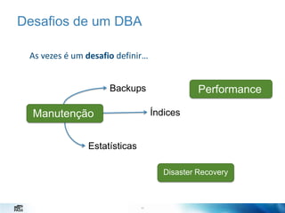 Desafios de um DBA
As vezes é um desafio definir…

Backups

Performance
Índices

Manutenção
Estatísticas

Disaster Recovery

11

 