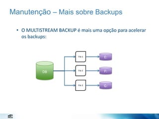 Manutenção – Mais sobre Backups
• O MULTISTREAM BACKUP é mais uma opção para acelerar
os backups:

File 1

DB

E:

File 2

F:

File 3

G:

 
