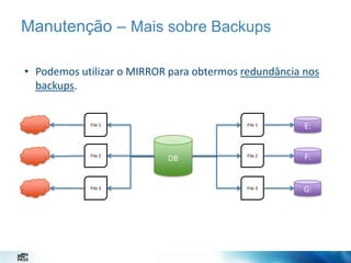Manutenção – Mais sobre Backups
• Podemos utilizar o MIRROR para obtermos redundância nos
backups.

File 1

File 1

File 2

File 3

DB

E:

File 2

F:

File 3

G:

 