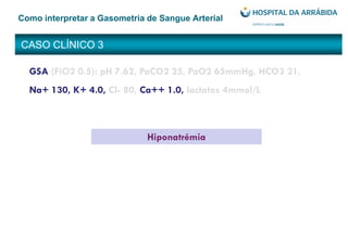 CASO CLÍNICO 3
Como interpretar a Gasometria de Sangue Arterial
GSA (FiO2 0.5): pH 7.62, PaCO2 25, PaO2 65mmHg, HCO3 21,
Na+ 130, K+ 4.0, Cl- 80, Ca++ 1.0, lactatos 4mmol/L
Hiponatrémia
 