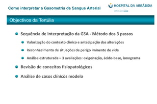 Objectivos da Tertúlia
Sequência de interpretação da GSA - Método dos 3 passos
Valorização do contexto clínico e antecipação das alterações
Reconhecimento de situações de perigo iminente de vida
Análise estruturada – 3 avaliações: oxigenação, ácido-base, ionograma
Revisão de conceitos fisiopatológicos
Análise de casos clínicos modelo
Como interpretar a Gasometria de Sangue Arterial
 