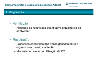 1. Oxigenação
Como interpretar a Gasometria de Sangue Arterial
• Ventilação
– Processo de renovação quantitativa e qualitativa do
ar alveolar
• Respiração
– Processos envolvidos nas trocas gasosas entre o
organismo e o meio ambiente
– Mecanismo celular de utilização de O2
 