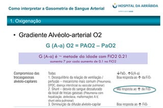 1. Oxigenação
Como interpretar a Gasometria de Sangue Arterial
• Gradiente Alvéolo-arterial O2
G (A-a) O2 = PAO2 – PaO2
G (A-a) é ~ metade da idade com FiO2 0.21
aumenta 7 por cada aumento de 0.1 na FiO2
 