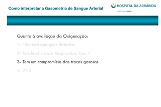 Como interpretar a Gasometria de Sangue Arterial
Quanto à avaliação da Oxigenação:
1- Não tem qualquer distúrbio
2- Tem Insuficiência Respiratória tipo 1
3- Tem um compromisso das trocas gasosas
4- 2+3
 