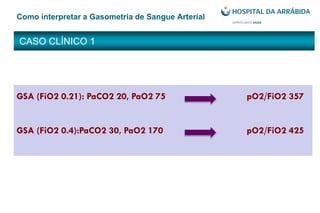 CASO CLÍNICO 1
Como interpretar a Gasometria de Sangue Arterial
GSA (FiO2 0.21): PaCO2 20, PaO2 75 pO2/FiO2 357
GSA (FiO2 0.4):PaCO2 30, PaO2 170 pO2/FiO2 425
 