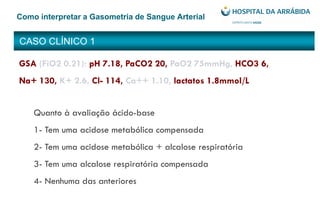 CASO CLÍNICO 1
Como interpretar a Gasometria de Sangue Arterial
GSA (FiO2 0.21): pH 7.18, PaCO2 20, PaO2 75mmHg, HCO3 6,
Na+ 130, K+ 2.6, Cl- 114, Ca++ 1.10, lactatos 1.8mmol/L
Quanto à avaliação ácido-base
1- Tem uma acidose metabólica compensada
2- Tem uma acidose metabólica + alcalose respiratória
3- Tem uma alcalose respiratória compensada
4- Nenhuma das anteriores
 