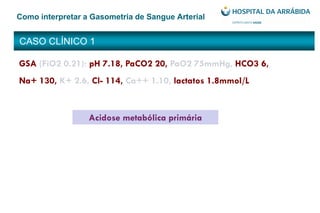 CASO CLÍNICO 1
Como interpretar a Gasometria de Sangue Arterial
GSA (FiO2 0.21): pH 7.18, PaCO2 20, PaO2 75mmHg, HCO3 6,
Na+ 130, K+ 2.6, Cl- 114, Ca++ 1.10, lactatos 1.8mmol/L
Acidose metabólica primária
 