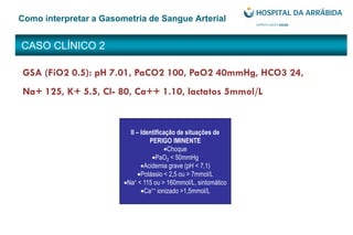 CASO CLÍNICO 2
Como interpretar a Gasometria de Sangue Arterial
GSA (FiO2 0.5): pH 7.01, PaCO2 100, PaO2 40mmHg, HCO3 24,
Na+ 125, K+ 5.5, Cl- 80, Ca++ 1.10, lactatos 5mmol/L
II – Identificação de situações de
PERIGO IMINENTE
Choque
PaO2 < 50mmHg
Acidemia grave (pH < 7,1)
Potássio < 2,5 ou > 7mmol/L
Na+ < 115 ou > 160mmol/L, sintomático
Ca++ ionizado >1,5mmol/L
 