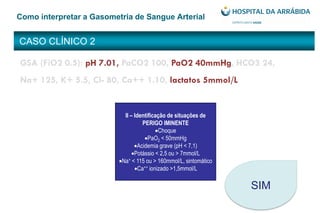 CASO CLÍNICO 2
Como interpretar a Gasometria de Sangue Arterial
GSA (FiO2 0.5): pH 7.01, PaCO2 100, PaO2 40mmHg, HCO3 24,
Na+ 125, K+ 5.5, Cl- 80, Ca++ 1.10, lactatos 5mmol/L
II – Identificação de situações de
PERIGO IMINENTE
Choque
PaO2 < 50mmHg
Acidemia grave (pH < 7,1)
Potássio < 2,5 ou > 7mmol/L
Na+ < 115 ou > 160mmol/L, sintomático
Ca++ ionizado >1,5mmol/L
SIM
 
