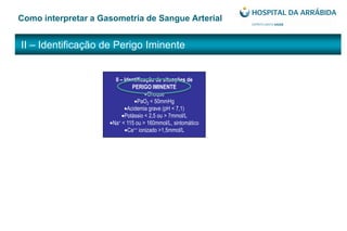 II – Identificação de Perigo Iminente
Como interpretar a Gasometria de Sangue Arterial
II – Identificação de situações de
PERIGO IMINENTE
Choque
PaO2 < 50mmHg
Acidemia grave (pH < 7,1)
Potássio < 2,5 ou > 7mmol/L
Na+ < 115 ou > 160mmol/L, sintomático
Ca++ ionizado >1,5mmol/L
 