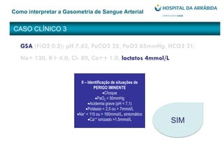 CASO CLÍNICO 3
Como interpretar a Gasometria de Sangue Arterial
II – Identificação de situações de
PERIGO IMINENTE
Choque
PaO2 < 50mmHg
Acidemia grave (pH < 7,1)
Potássio < 2,5 ou > 7mmol/L
Na+ < 115 ou > 160mmol/L, sintomático
Ca++ ionizado >1,5mmol/L SIM
GSA (FiO2 0.5): pH 7.62, PaCO2 25, PaO2 65mmHg, HCO3 21,
Na+ 130, K+ 4.0, Cl- 80, Ca++ 1.0, lactatos 4mmol/L
 