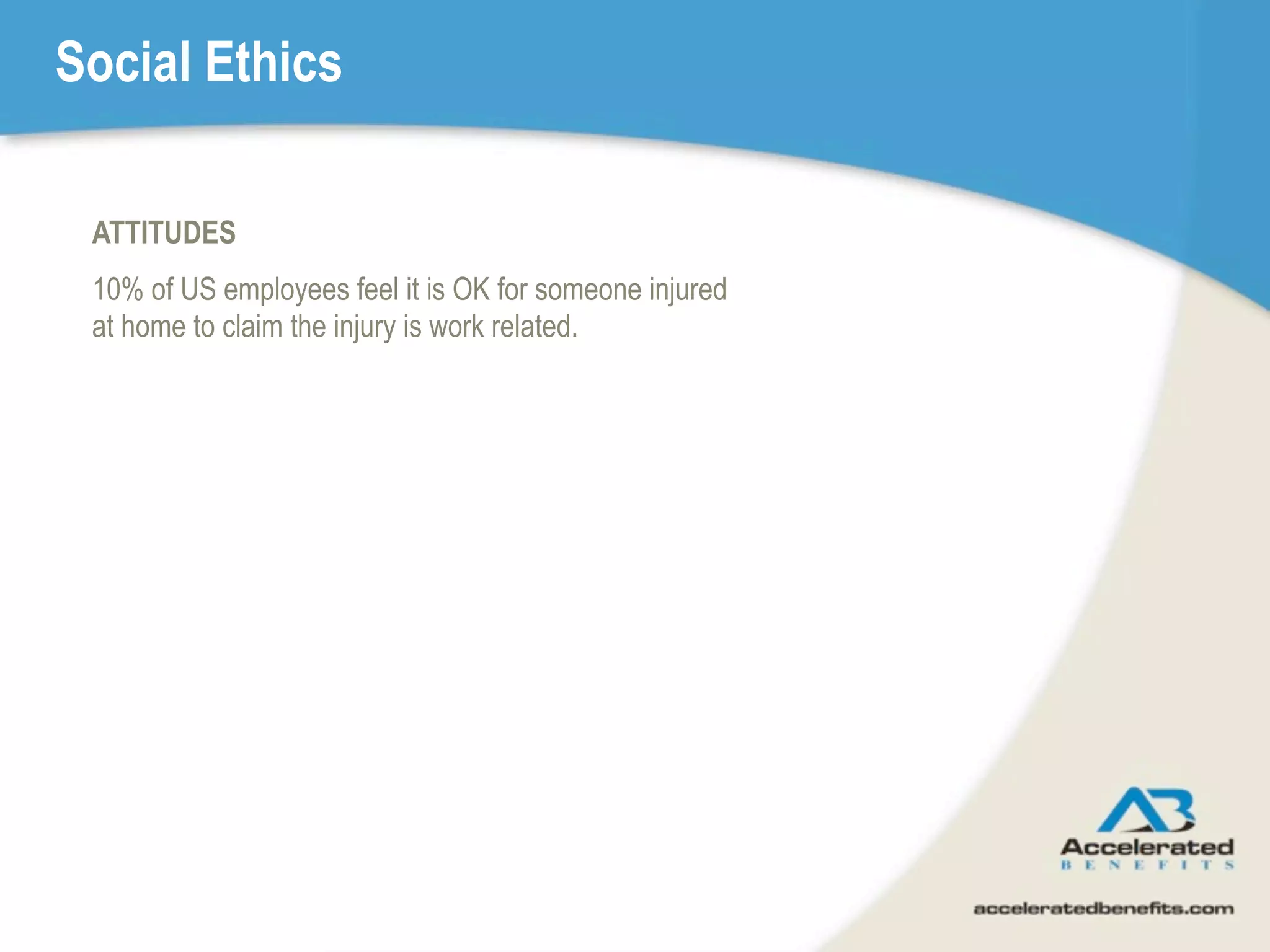 Social Ethics

 ATTITUDES
 10% of US employees feel it is OK for someone injured
 at home to claim the injury is work related.
 