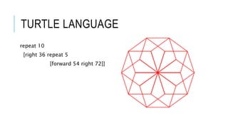 TURTLE LANGUAGE 
repeat 10 
[right 36 repeat 5 
[forward 54 right 72]] 
 