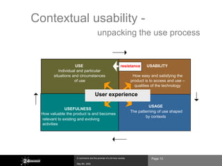 Contextual usability -
                                       unpacking the use process


                     USE                                      resistance      USABILITY
           Individual and particular
        situations and circumstances                                   How easy and satisfying the
                    of use                                            product is to access and use –
                                                                        qualities of the technology

                                     User experience

                                                                                USAGE
               USEFULNESS
                                                                      The patterning of use shaped
  How valuable the product is and becomes
                                                                              by contexts
  relevant to existing and evolving
  activities




                    E-commerce and the promise of a 24-hour society              Page 13
                    May 8th, 2002
 