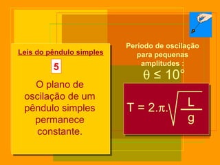 θ ≤ 10°
T = 2.π. L
g
Leis do pêndulo simples
5
O plano de
oscilação de um
pêndulo simples
permanece
constante.
Período de oscilação
para pequenas
amplitudes :
 