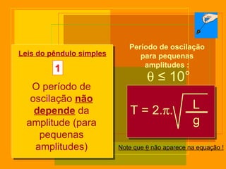 Leis do pêndulo simples    ≤  10° T = 2.  . L g Período de oscilação para pequenas amplitudes : Note que    não aparece na equação ! 1 O período de oscilação  não depende  da amplitude (para pequenas amplitudes) 