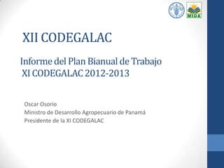 XII CODEGALAC
Informe del Plan Bianual de Trabajo
XI CODEGALAC 2012-2013
Oscar Osorio
Ministro de Desarrollo Agropecuario de Panamá
Presidente de la XI CODEGALAC

 