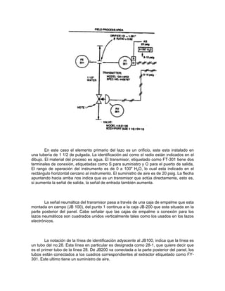 En este caso el elemento primario del lazo es un orificio, este esta instalado en
una tubería de 1 1/2 de pulgada. La identificación así como el radio están indicados en el
dibujo. El material del proceso es agua. El transmisor, etiquetado como FT-301 tiene dos
terminales de conexión, etiquetadas como S para suministro y O para el puerto de salida.
El rango de operación del instrumento es de 0 a 100" H2O, lo cual esta indicado en el
rectángulo horizontal cercano al instrumento. El suministro de aire es de 20 psig. La flecha
apuntando hacia arriba nos indica que es un transmisor que actúa directamente, esto es,
si aumenta la señal de salida, la señal de entrada también aumenta.



       La señal neumática del transmisor pasa a través de una caja de empalme que esta
montada en campo (JB 100), del punto 1 continua a la caja JB-200 que esta situada en la
parte posterior del panel. Cabe señalar que las cajas de empalme o conexión para los
lazos neumáticos son cuadrados unidos verticalmente tales como los usados en los lazos
electrónicos.



        La notación de la línea de identificación adyacente al JB100, indica que la línea es
un tubo del no.28. Esta línea en particular es designada como 28-1, que quiere decir que
es el primer tubo de la línea 28. De JB200 va conectada a la parte posterior del panel, los
tubos están conectados a los cuadros correspondientes al extractor etiquetado como FY-
301. Este ultimo tiene un suministro de aire.
 