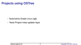 Projects using OSTree
• Automotive Grade Linux (agl)
• Yocto Project meta-updater layer
Software update for IoT 14 Copyright © 2011-2017, 2net Ltd
 