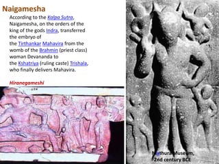 Naigamesha
According to the Kalpa Sutra,
Naigamesha, on the orders of the
king of the gods Indra, transferred
the embryo of
the Tirthankar Mahavira from the
womb of the Brahmin (priest class)
woman Devananda to
the Kshatriya (ruling caste) Trishala,
who finally delivers Mahavira.
Hiranegameshi
Mathura Museum,
2nd century BCE
 