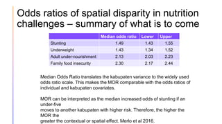Summary of spatial disparity in nutrition
challenges – recap
Median odds ratio Lower Upper
Stunting 1.49 1.43 1.55
Underwe...