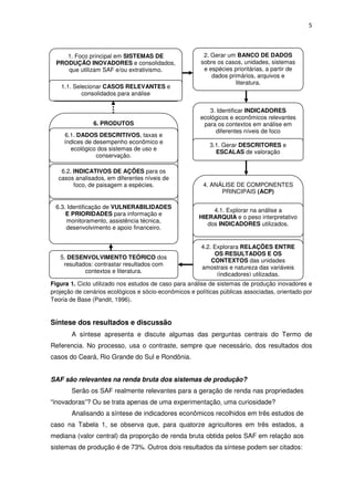 5
Figura 1. Ciclo utilizado nos estudos de caso para análise de sistemas de produção inovadores e
projeção de cenários ecológicos e sócio-econômicos e políticas públicas associadas, orientado por
Teoria de Base (Pandit, 1996).
Síntese dos resultados e discussão
A síntese apresenta e discute algumas das perguntas centrais do Termo de
Referencia. No processo, usa o contraste, sempre que necessário, dos resultados dos
casos do Ceará, Rio Grande do Sul e Rondônia.
SAF são relevantes na renda bruta dos sistemas de produção?
Serão os SAF realmente relevantes para a geração de renda nas propriedades
“inovadoras”? Ou se trata apenas de uma experimentação, uma curiosidade?
Analisando a síntese de indicadores econômicos recolhidos em três estudos de
caso na Tabela 1, se observa que, para quatorze agricultores em três estados, a
mediana (valor central) da proporção de renda bruta obtida pelos SAF em relação aos
sistemas de produção é de 73%. Outros dois resultados da síntese podem ser citados:
2. Gerar um BANCO DE DADOS
sobre os casos, unidades, sistemas
e espécies prioritárias, a partir de
dados primários, arquivos e
literatura.
5. DESENVOLVIMENTO TEÓRICO dos
resultados: contrastar resultados com
contextos e literatura.
3. Identificar INDICADORES
ecológicos e econômicos relevantes
para os contextos em análise em
diferentes níveis de foco
3.1. Gerar DESCRITORES e
ESCALAS de valoração
4. ANÁLISE DE COMPONENTES
PRINCIPAIS (ACP)
4.1. Explorar na análise a
HIERARQUIA e o peso interpretativo
dos INDICADORES utilizados.
4.2. Explorara RELAÇÕES ENTRE
OS RESULTADOS E OS
CONTEXTOS das unidades
amostrais e natureza das variáveis
(indicadores) utilizadas.
1. Foco principal em SISTEMAS DE
PRODUÇÃO INOVADORES e consolidados,
que utilizam SAF e/ou extrativismo.
1.1. Selecionar CASOS RELEVANTES e
consolidados para análise
6. PRODUTOS
6.3. Identificação de VULNERABILIDADES
E PRIORIDADES para informação e
monitoramento, assistência técnica,
desenvolvimento e apoio financeiro.
6.1. DADOS DESCRITIVOS, taxas e
índices de desempenho econômico e
ecológico dos sistemas de uso e
conservação.
6.2. INDICATIVOS DE AÇÕES para os
casos analisados, em diferentes níveis de
foco, de paisagem a espécies.
 