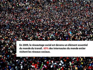 En 2009, le réseautage social est devenu un élément
essentiel du monde du travail. 65% des internautes du
      monde entier visitent les réseaux sociaux.
 
