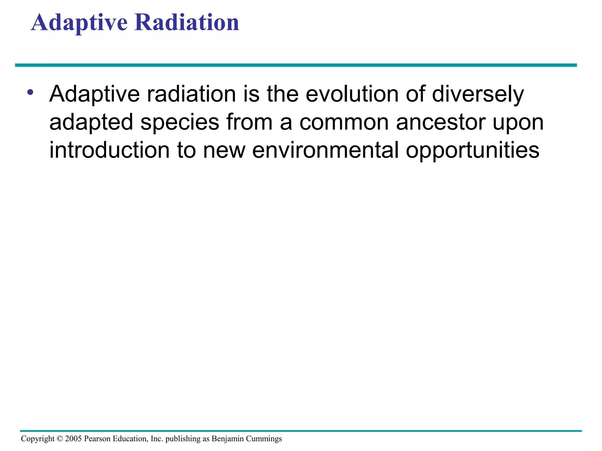 Copyright © 2005 Pearson Education, Inc. publishing as Benjamin Cummings
Adaptive Radiation
• Adaptive radiation is the evolution of diversely
adapted species from a common ancestor upon
introduction to new environmental opportunities
 