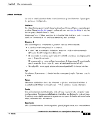 Capítulo 5   Editar interfaz/conexión




Lista de interfaces

                            La lista de interfaces muestra las interfaces físicas y las conexiones lógicas para
                            las que están configuradas.

                            Interfaces
                            En esta columna aparece una lista de las interfaces físicas y lógicas ordenadas por
                            nombre. Si una interfaz lógica está configurada para una interfaz física, la interfaz
                            lógica aparece bajo la interfaz física.
                            Si ejecuta Cisco SDM en un router de la familia 7000 de Cisco, podrá crear una
                            conexión solamente en las interfaces Ethernet y Fast Ethernet.

                            Dirección IP
                            Esta columna puede contener los siguientes tipos de direcciones IP:
                             •     La dirección IP configurada de la interfaz.
                             •     Cliente DHCP: la interfaz recibe una dirección IP de un servidor DHCP
                                   (Dynamic Host Configuration Protocol).
                             •     IP negociado: la interfaz recibe una dirección IP a través de una negociación
                                   con el dispositivo remoto.
                             •     IP no numerado: el router utilizará un conjunto de direcciones IP suministrado
                                   por el proveedor de servicios del router y los dispositivos de la LAN.
                             •     No aplicable: no se puede asignar ninguna dirección IP al tipo de interfaz.

                            Tipo
                            La columna Tipo muestra el tipo de interfaz como, por ejemplo, Ethernet, en serie
                            o ATM.

                            Ranura
                            El número de la ranura física del router en la que está instalada la interfaz. Si
                            ejecuta Cisco SDM en un router Cisco 1710, el campo de ranura está vacío.

                            Estado
                            Esta columna muestra si la interfaz está activada o desactivada. Un icono verde
                            con la punta de flecha orientada hacia arriba indica que la interfaz está activada.
                            Por el contrario, si el icono es rojo y presenta una punta de flecha orientada hacia
                            abajo, la interfaz está desactivada.

                            Descripción
                            Esta columna contiene las descripciones que se proporcionan para esta conexión.


                                              Guía del usuario de Cisco Router and Security Device Manager 2.4
  OL-9963-04                                                                                                     5-3
 