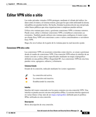 Capítulo 9    VPN sitio a sitio
                                                                                                  Editar VPN sitio a sitio




Editar VPN sitio a sitio
                            Las redes privadas virtuales (VPN) protegen, mediante el cifrado del tráfico, los
                            datos entre el router y el sistema remoto, para que los que estén utilizando la misma
                            red pública no puedan leerlos. De hecho, brindan la protección de una red privada
                            sobre líneas públicas que otras organizaciones o empresas pueden utilizar.
                            Utilice esta ventana para crear y gestionar conexiones VPN a sistemas remotos.
                            Puede crear, editar o eliminar conexiones VPN y restablecer conexiones ya
                            existentes. También puede utilizar esta ventana para configurar el router como
                            un cliente Easy VPN con conexiones a uno o varios concentradores o servidores
                            Easy VPN.
                            Haga clic en el enlace de la parte de la ventana para la cual necesite ayuda:

Conexiones VPN sitio a sitio

                            Las conexiones VPN, en ocasiones conocidas como túneles, se crean y gestionan
                            desde el cuadro de conexiones VPN. Una conexión VPN enlaza la interfaz de un
                            router con uno o varios pares especificados mediante un mapa criptográfico
                            definido en una política IPSec (Seguridad IP). Las conexiones VPN de esta lista
                            pueden verse, agregarse, editarse y eliminarse.

                            Columna Estado
                            Estado de la conexión, indicado mediante los iconos siguientes:


                                       La conexión está activa.
                                       La conexión está inactiva.
                                       Estableciendo la conexión.


                            Interfaz
                            Interfaz del router conectada con los pares remotos en esta conexión VPN. Una
                            interfaz se puede asociar con una sola política IPSec. La misma interfaz aparecerá
                            en varias líneas si hay más de un mapa criptográfico definido para la política
                            IPSec utilizada en esta conexión.

                            Descripción
                            Breve descripción de esta conexión.


                                             Guía del usuario de Cisco Router and Security Device Manager 2.4
  OL-9963-04                                                                                                         9-25
 