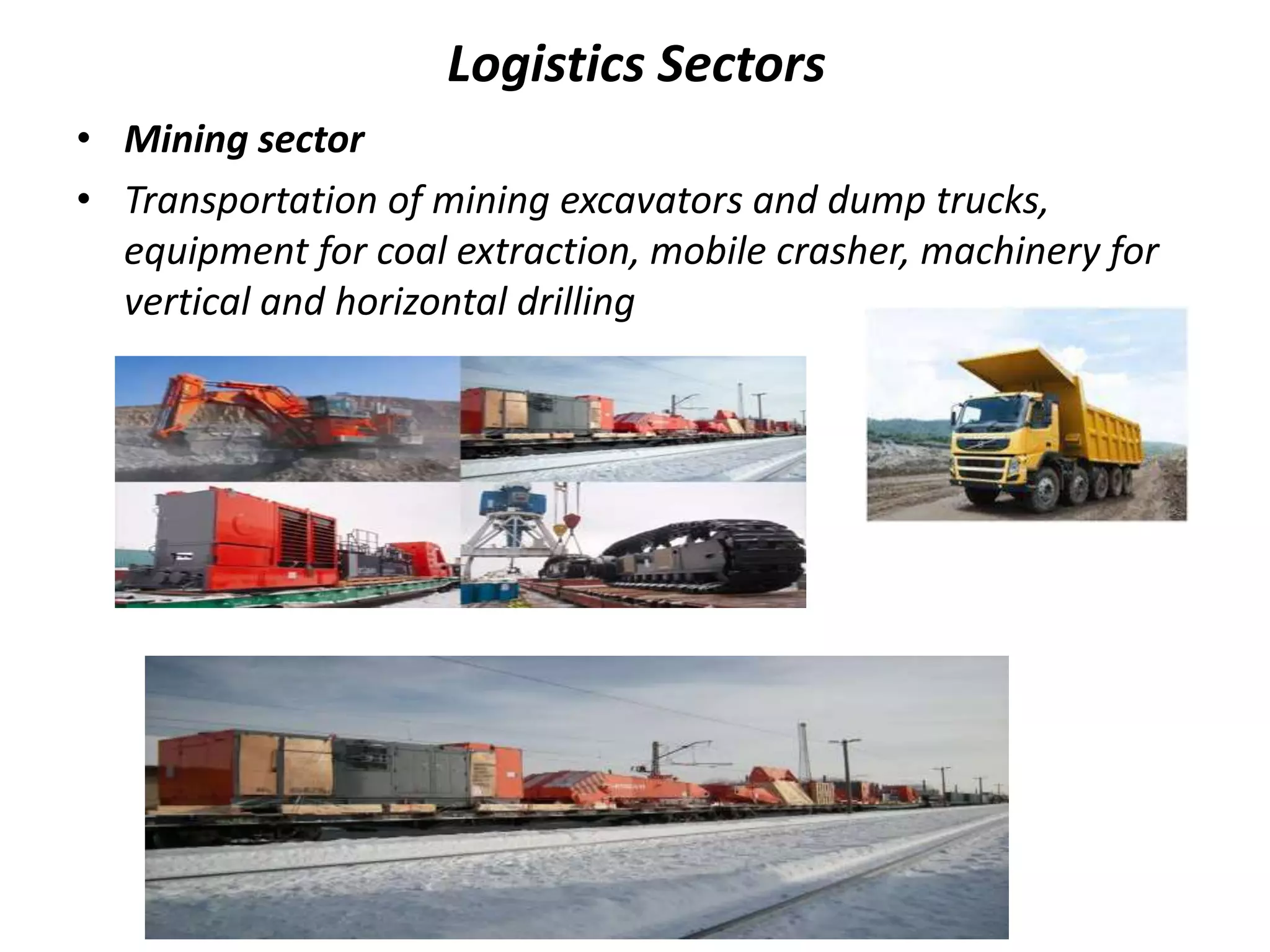 Logistics Sectors
• Mining sector
• Transportation of mining excavators and dump trucks,
equipment for coal extraction, mobile crasher, machinery for
vertical and horizontal drilling
 