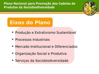 Eixos do Plano
 Produção e Extrativismo Sustentável

 Processos Industriais

 Mercado Institucional e Diferenciados

 Organização Social e Produtiva

 Serviços da Sociobiodiversidade
 