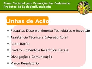 Linhas de Ação
 Pesquisa, Desenvolvimento Tecnológico e Inovação

 Assistência Técnica e Extensão Rural

 Capacitação

 Crédito, Fomento e Incentivos Fiscais

 Divulgação e Comunicação

 Marco Regulatório
 