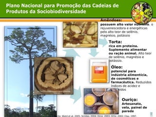 Amêndoas:
                                          possuem alto valor nutritivo. o
                                          rejuvenescedora e energéticas
                                          pelo alto teor de selênio,
                                          magnésio, potássio

                                                  Torta:
                                                  rica em proteína.
                                                  Suplemento alimentar
                                                  ou ração animal. Alto teor
                                                  de selênio, magnésio e
                                                  potássio.

                                                    Óleo:
                                                    potencial para
                                                    indústria alimentícia,
                                                    de cosméticos e
                                                    farmacêutica. Reduzidos
                                                    índices de acidez e
                                                    peróxidos


                                                              Ouriço:
                                                              Artesanato,
                                                              vela, painel de
                                                              parede
Fonte: Watd et al, 2005; Simões, 2004; Diniz, 2003; Ortiz, 2002; Clay, 1997.
 