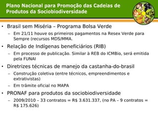• Brasil sem Miséria – Programa Bolsa Verde
  – Em 21/11 houve os primeiros pagamentos na Resex Verde para
    Sempre (recursos MDS/MMA.
• Relação de Indígenas beneficiários (RIB)
  – Em processo de publicação. Similar à REB do ICMBio, será emitida
    pela FUNAI
• Diretrizes técnicas de manejo da castanha-do-brasil
  – Construção coletiva (entre técnicos, empreendimentos e
    extrativistas)
  – Em trâmite oficial no MAPA
• PRONAF para produtos da sociobiodiversidade
  – 2009/2010 – 33 contratos = R$ 3.631.337, (no PA – 9 contratos =
    R$ 175.626)
 