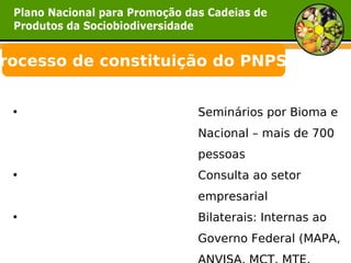 rocesso de constituição do PNPSB


 •                   Seminários por Bioma e
                     Nacional – mais de 700
                     pessoas
 •                   Consulta ao setor
                     empresarial
 •                   Bilaterais: Internas ao
                     Governo Federal (MAPA,
 