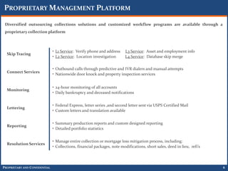 PROPRIETARY MANAGEMENT PLATFORM

 Diversified outsourcing collections solutions and customized workflow programs are available through a
 proprietary collection platform



                               • L1 Service: Verify phone and address     L3 Service: Asset and employment info
  Skip Tracing
                               • L2 Service: Location investigation       L4 Service: Database skip merge

                               • Outbound calls through predictive and IVR dialers and manual attempts
  Connect Services
                               • Nationwide door knock and property inspection services


                               • 24-hour monitoring of all accounts
  Monitoring
                               • Daily bankruptcy and deceased notifications


                               • Federal Express, letter series ,and second letter sent via USPS Certified Mail
  Lettering
                               • Custom letters and translation available


                               • Summary production reports and custom designed reporting
  Reporting
                               • Detailed portfolio statistics


                               • Manage entire collection or mortgage loss mitigation process, including:
  Resolution Services
                               • Collections, financial packages, note modifications, short sales, deed in lieu, refi’s




PROPRIETARY AND CONFIDENTIAL                                                                                              6
 