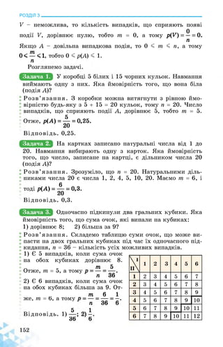 РОЗДІЛ з________________________________________________________________
V - неможлива, то кількість випадків, що сприяють появі
події V, дорівнює нулю, тобто т = 0, а тому р(У) = — = 0.
п
Якщо А - довільна випадкова подія, то 0 < т < п, а тому
0 < — < 1, тобто 0 < р(А) < 1.
п
Розглянемо задачі.
Задача 1.
виймають одну з них. Яка ймовірність того, що вона біла
(подія А)?
Розв’язання. З коробки можна витягнути з рівною ймо­
вірністю будь-яку з 5 + 15 = 20 кульок, тому п = 20. Число
випадків, що сприяють події А, дорівнює 5, тобто т = 5.
5
Отже, р(А) = — = 0,25.
Відповідь. 0,25.
Задача 2. наЕарвкахЕапиЕанЕЕаиУРалннвЕислаЕід^лЕЕ
20. Навмання вибирають одну з карток. Яка ймовірність
того, що число, записане на картці, є дільником числа 20
(подія А)?
Розв’язання. Зрозуміло, що п = 20. Натуральними діль­
никами числа 20 є числа 1, 2, 4, 5, 10, 20. Маємо т = 6, і
тоді р(А) = А = 0,з.
Відповідь. 0,3.
Задача 3. щдщВЧщЕЕЕЕЕЕЕЕУшЕЕЕщЕрщлЕЕЕХ^вУбЕЕЕ^Е^
ймовірність того, що сума очок, які випали на кубиках:
1) дорівнює 8; 2) більша за 9?
Розв’язання. Складемо таблицю суми очок, що може ви­
пасти на двох гральних кубиках під час їх одночасного під­
кидання, п = 36 - кількість усіх можливих випадків.
1) Є 5 випадків, коли сума очок
на обох кубиках дорівнює 8.
„ к т 5
Отже, т = 5, а тому
п 36
2) Є 6 випадків, коли сума очок
на обох кубиках більша за 9. От­
т 6 1
же, т = 6, а тому
п 36 6
5 1
Відповідь. 1)
36 6
X 1 2 3 4 5 6
1 2 3 4 5 6 7
2 3 4 5 6 7 8
3 4 5 6 7 8 9
4 5 6 7 8 9 10
5 6 7 8 9 10 11
6 7 8 9 10 11 12
 