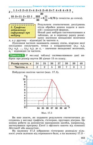 ______________________ Елементи теорії ймовірностей і математичної статистики
X =
11 + 2-2 + 3-2 + 4-3 + 5-2 + 6-3 + 7-4 + 8-4 + 9-3
ЗО
+
+
103 + 11-2 + 121
ЗО
202 11
----- = 6—
ЗО 15
~ 6,73 (з точністю до сотих).
.1
5. Графічне
зображення
інформації про
вибірку
Результати статистичних досліджень
після обробки можна подати в наоч­
ній і компактній формах.
Нехай дані вибірки систематизовано в
таблицю, де в першому рядку розмі­
щено значення випадкової величини
х, а у другому - відповідні їм частоти п.
Полігоном частот називають ламану лінію, відрізки якої
послідовно сполучають точки з координатами (хх; пх),
(х2; п2), ..., (хк; пк), де хі - значення випадкової величини,
пі - відповідні їм частоти.
якИцшшДі^БабшИшіЕИшвМаиИнОЕаНЕ^ДаНі^иИВ
бірки про розмір взуття 30 дівчат 11-го класу.
Приклад 3.
Розмір взуття, X 34 35 36 37 38 39 40
Частота, n 2 2 5 10 7 3 1
Побудуємо полігон частот (мал. 17.1).
Ви вже знаєте, як подавати результати статистичних до­
сліджень у вигляді графіків, гістограм, кругових діаграм. Це
можна робити за допомогою програмних засобів, наприклад,
застосувавши програму Excel з офісного пакета від компанії
Microsoft або аналогічні.
На малюнку 17.2 зображено гістограму розподілу кіль­
кості учнів залежно від отриманого бала, а на малюнку 17.3 -
 