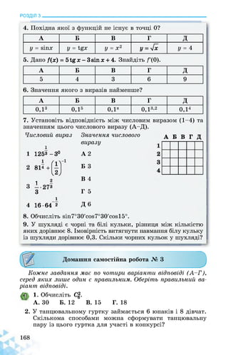 РОЗДІЛ з________________________________________________________________
4. Похідна якої з функцій не існує в точці 0?
А Б в Г д
у = йІНХ у = ідх у = X2 У = 4
5. Дано /(х) = 51^х - Звіпх + 4. Знайдіть /'(0).
А Б В Г д
5 4 3 6 9
6. Значення якого з виразів найменше?
А Б В Г д
0,13 0,15 0,1л 0,13’2 0,14
7. Установіть відповідність між числовим виразом (1-4) та
значенням цього числового виразу (А-Д).
Числовий вираз
і
1 1253 -3°
1 -
3
З
1
4 16-64 2
Значення числового
виразу
А 2
Б 3
В 4
Г 5
Д 6
А Б В Г Д
8. Обчисліть 8іп7о30'соз7о30'со815о.
9. У шухляді є чорні та білі кульки, різниця між кількістю
яких дорівнює 8. Імовірність витягнути навмання білу кульку
із шухляди дорівнює 0,3. Скільки чорних кульок у шухляді?
Домашня самостійна робота № З
Кожне завдання має по чотири варіанти відповіді (А-Г),
серед яких лише один є правильним. Оберіть правильний ва­
ріант відповіді.
1. Обчисліть С|.
А. 30 Б. 12 В. 15 Г. 18
2. У танцювальному гуртку займається 6 юнаків і 8 дівчат.
Скількома способами можна сформувати танцювальну
пару із цього гуртка для участі в конкурсі?
 