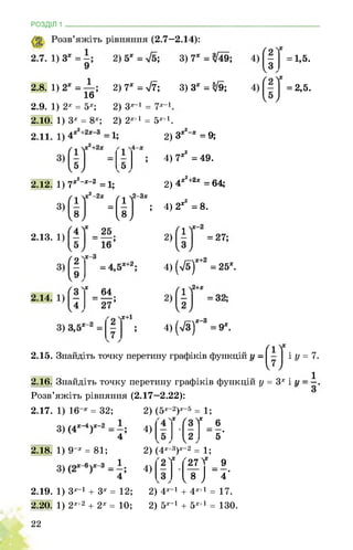 РОЗДІЛ 1 ________________________________________________________________
2) 7х = л/7; 3) 3х = ^9;2.8. 1)
16
2.9. 1) 2х = 5х; — ух—1
= 1,5.
= 2,5.
2) 3-х 1
2.10. 1) 3х = 8х; 2) 2х+1 = 5х+1.
2) Зх2~х = 9;
4) 7х2 = 49.
2.12. 1) 7*2-*-2 =1;
3)
(іг
2) 4*2,2х = 64­
4) 2х2 = 8.
2.13. 1)
4) (л/5)Х+2 = 25х.
4) (л/з)Ж_3 = 9х.
2.15. Знайдіть точку перетину графіків функцій у — і У = 7.
2.16. Знайдіть точку перетину графіків функцій у = 3х і
Розв’яжіть рівняння (2.17—2.22):
2.17. 1) 16 х = 32;
3)
4
2.18. 1) 9-х = 81;
3)
4
2.19. 1) 3х-1 + 3х = 12;
2.20. 1) 2х+2 + 2х = 10;
2) (5х-2
4)
)х—5
= 1;
Т
>
б
5’
2) (4х+3)х-2 = 1;
4)
'27 У
і8] 9
4'
2) 4х-1 + 4х+1 = 17.
2) 5х-1 + 5х+1 = 130.
22
 