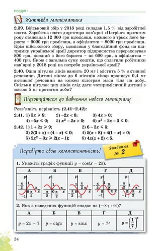 РОЗДІЛ 1 ________________________________________________________________
Життєва математика
2.39. Військовий збір у 2018 році складав 1,5 % від заробітної
плати. Заробітна плата директора кав’ярні «Патріот» протягом
року становила 12 000 грн щомісяця, кожного з трьох його ба­
риста - 9000 грн щомісяця, а офіціантки - 8000 грн щомісяця.
Крім військового збору, щомісяця у благодійний фонд на під­
тримку української армії директор підприємства перераховував
800 грн, кожний з його бариста - по 600 грн, а офіціантка -
400 грн. Якою є загальна суму коштів, що сплатили робітники
кав’ярні у 2018 році на потреби української армії?
2.40. Одна пігулка ліків важить 20 мг і містить 5 % активної
речовини. Дитині віком до 6 місяців лікар прописує 0,4 мг
активної речовини на кожен кілограм маси тіла на добу.
Скільки пігулок цих ліків слід дати чотиримісячній дитині з
масою 5 кг протягом доби?
Підготуйтесь до вивчення нового матеріалу
Розв’яжіть нерівність (2.41—2.42):
2.41. 1) Зх > 9;
4) - ;
2)
5) • ;
3) ;
6)
2.42. 1) 1 + 2х > 9; 2) 6 -2х < 5;
3) - ;
5) . ;
4) 5(х + 8) + 4(1 - х) > 0;
6) 4х(х + 2) < 5.
Перевірте свою компетентність!
ЗавЗан-ня
1. Укажіть графік функції у = cos(x - 2л).
2. Яка з наведених функцій спадає на (-æ; +æ)?
24
 