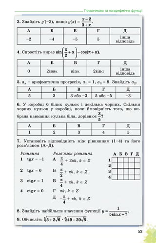 _______________________________________Показникова та логарифмічна функції
3. Знайдіть у'(-2), якщо у(х) =
3 + х
А Б В Г д
-2 -4 -5 5
інша
відповідь
7
4. Спростіть вираз sin — + а - cos(n + а).
А Б В Г д
0 2cosa sina 2sina
інша
відповідь
5. ап - арифметична прогресія, а1 = 1, а3 = 9. Знайдіть а2.
А Б В Г д
5 3 3 або -3 5 або -5 -3
6. У коробці 6 білих кульок і декілька чорних. Скільки
чорних кульок у коробці, коли ймовірність того, що ви­
брана навмання кулька біла, дорівнює
А Б В Г д
1 2 3 4 5
7. Установіть відповідність між рівнянням (1-4) та його
розв’язком (А-Д).
4
Рівняння Розв’язок рівняння A Б В Г Д
1 tgx = -1 А — + 2nk, k є Z 1
4 2
2 tgx = 0 Б — + xk, k є Z 3
3 ctgx = 1 В
2
— + xk, k є Z
4
4
4 ctgx = 0 Г xk, k є Z
д + xk, k є Z
8. Знайдіть найбільше значення функції
_______ _________ 5sinх + 7
9. Обчисліть ^5 + 2-Тб • ^49-20>/б.
53
 