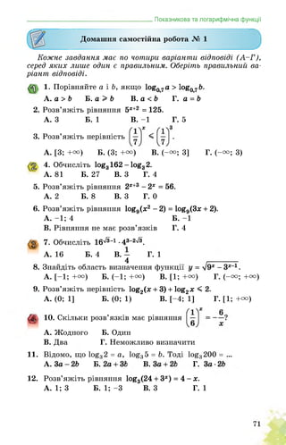 _______________________________________Показникова та логарифмічна функції
Домашня самостійна робота № 1
Кожне завдання має по чотири варіанти відповіді (А-Г),
серед яких лише один є правильним. Оберіть правильний ва­
ріант відповіді.
1. Порівняйте а і b, якщо log07a > log07&.
А. а> Ь Б. а> Ь В. а <Ь Г. а = Ь
2. Розв’яжіть рівняння 5Х+2 = 125.
А. 3 Б. 1 В. -1 Г. 5
3. Розв’яжіть нерівність
А. [3; +u) Б. (3; +u) в. (-u; 3] Г. (-u; 3)
4. Обчисліть lOgg 162 - lOgg 2.
А. 81 Б. 27 В. 3 Г. 4
5. Розв’яжіть рівняння 2Х+3 - 2х = 56.
А. 2 Б. 8 В. З Г. 0
6. Розв яжіть рівняння log9(x2 - 2) = log9(3x + 2).
A. -1; 4 Б. -1
B. Рівняння не має розв’язків Г. 4
g 7. Обчисліть Іб^-1 • 43“2'/з
А. 16 Б. 4 В. - Г. 1
4 .-------------
8. Знайдіть область визначення функції .
А. [-1; +u) Б. (-1; +u) В. [1; +u) Г. (-u; +u)
9. Розв’яжіть нерівність log2(x + 3) + log2x < 2.
А. (0; 1] Б. (0; 1) В. [-4; 1] Г. [1; +°°)
Ж 10. Скільки розв’язків має рівняння
A. Жодного Б. Один
B. Два Г. Неможливо визначити
11. Відомо, що log3 2 = a, log3 5 = b. Тоді log3 200 = ...
А. Б. 1 В. ' Г.
12. Розв’яжіть рівняння log3(24 + 3х) = 4 - х.
А. 1; 3 Б. 1; -3 В. 3 Г. 1
 