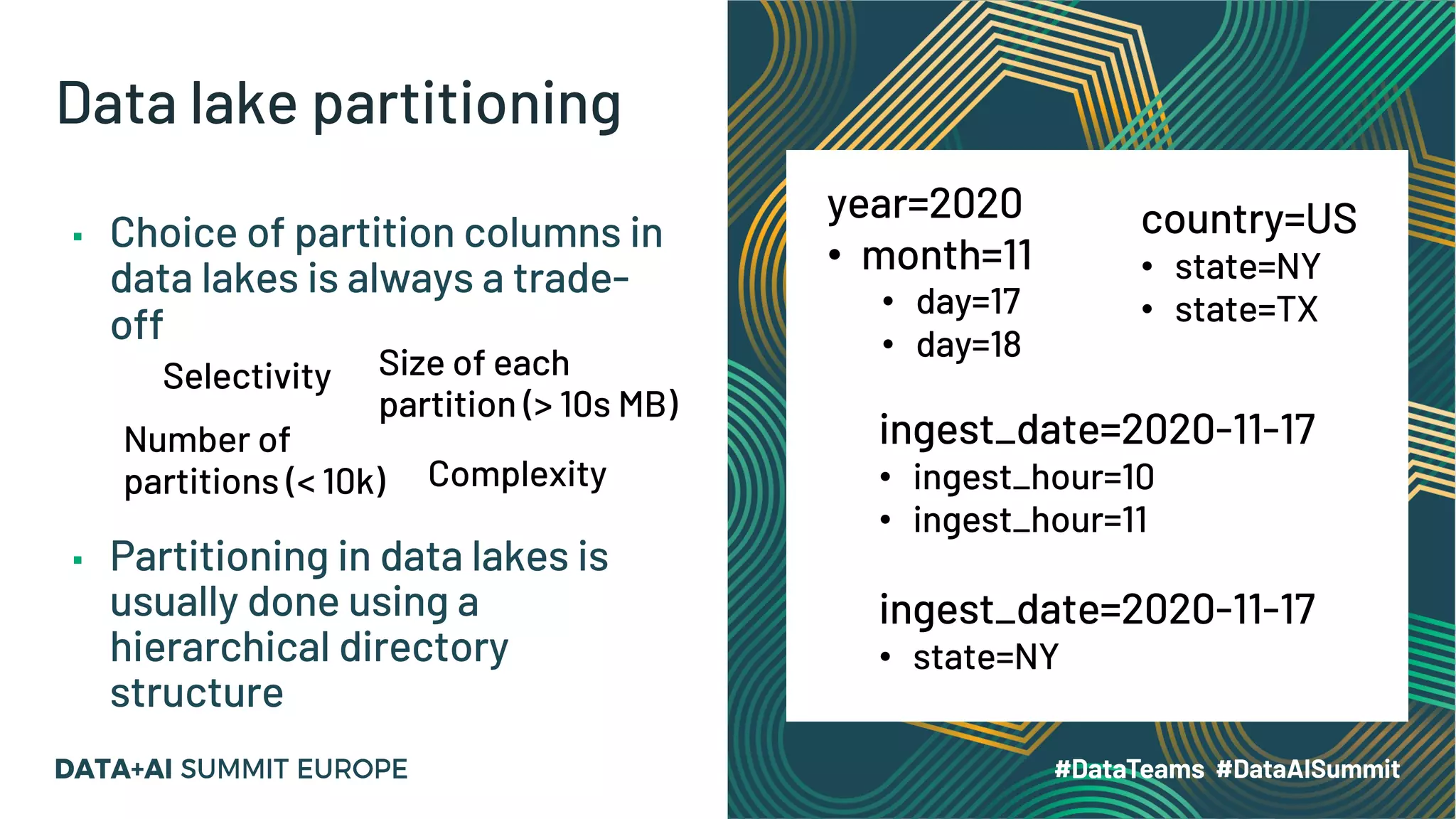 Data lake partitioning ▪ Choice of partition columns in data lakes is always a trade- off ▪ Partitioning in data lakes is usually done using a hierarchical directory structure year=2020 • month=11 • day=17 • day=18 ingest_date=2020-11-17 • ingest_hour=10 • ingest_hour=11 country=US • state=NY • state=TX ingest_date=2020-11-17 • state=NY Complexity Selectivity Number of partitions (< 10k) Size of each partition (> 10s MB) 