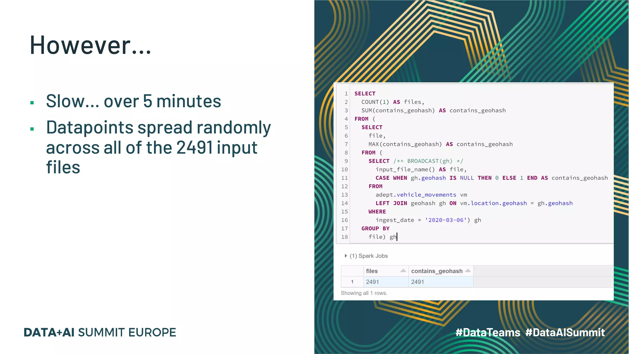 However… ▪ Slow… over 5 minutes ▪ Datapoints spread randomly across all of the 2491 input files 