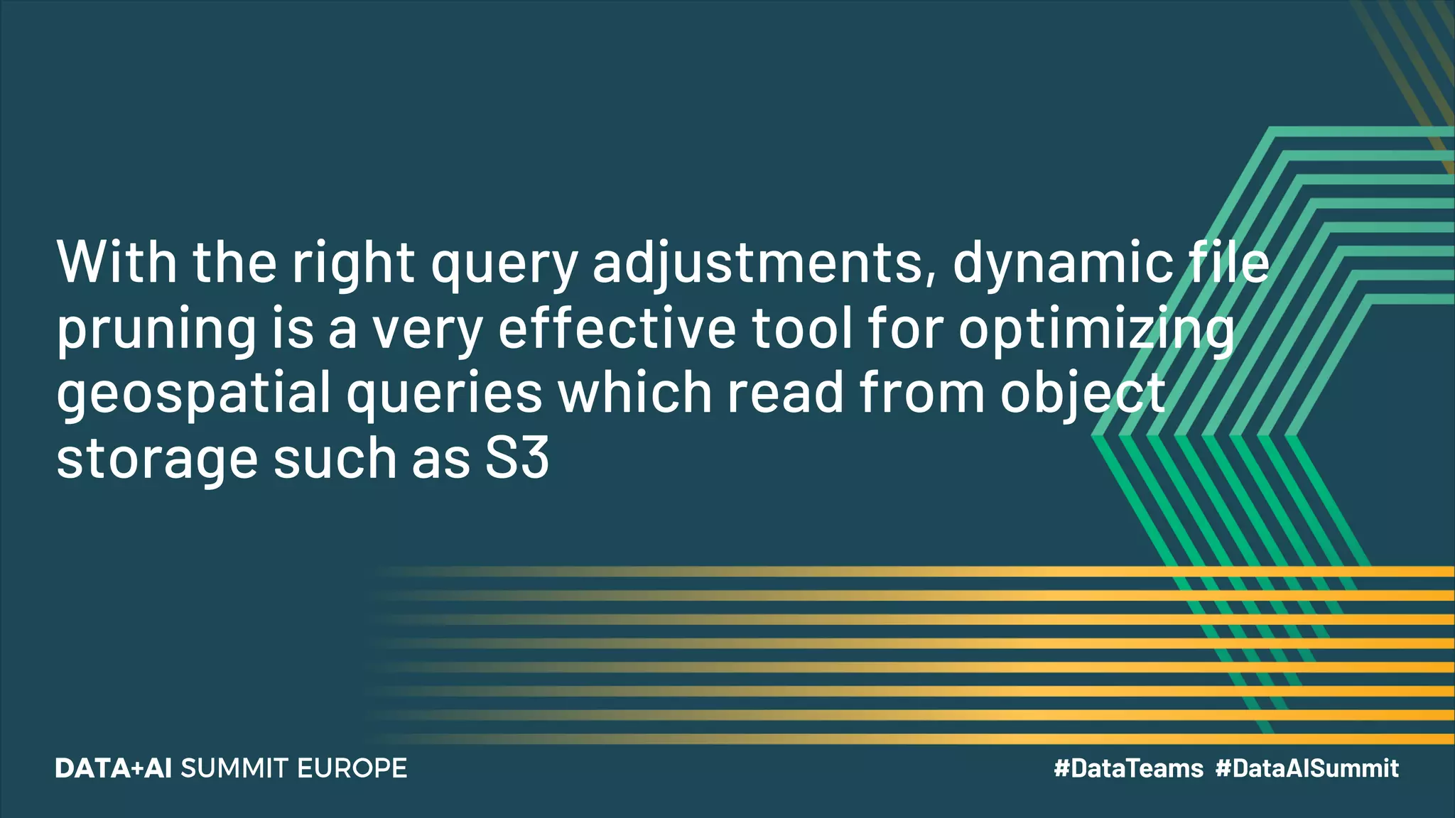 With the right query adjustments, dynamic file pruning is a very effective tool for optimizing geospatial queries which read from object storage such as S3 