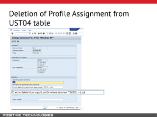 Deletion of Profile Assignment from
UST04 table
Assignig profile SAP_ALL:
 